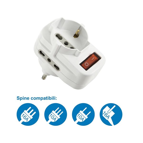 Electraline 71033 Adattatore tripla con interruttore spina rotante Bianco